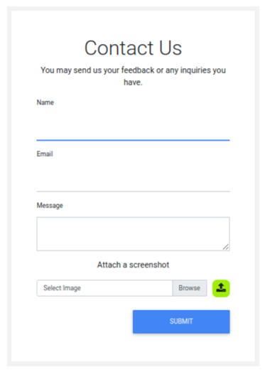The contact us page is shown, with a name, email and message, as well as screenshot upload box