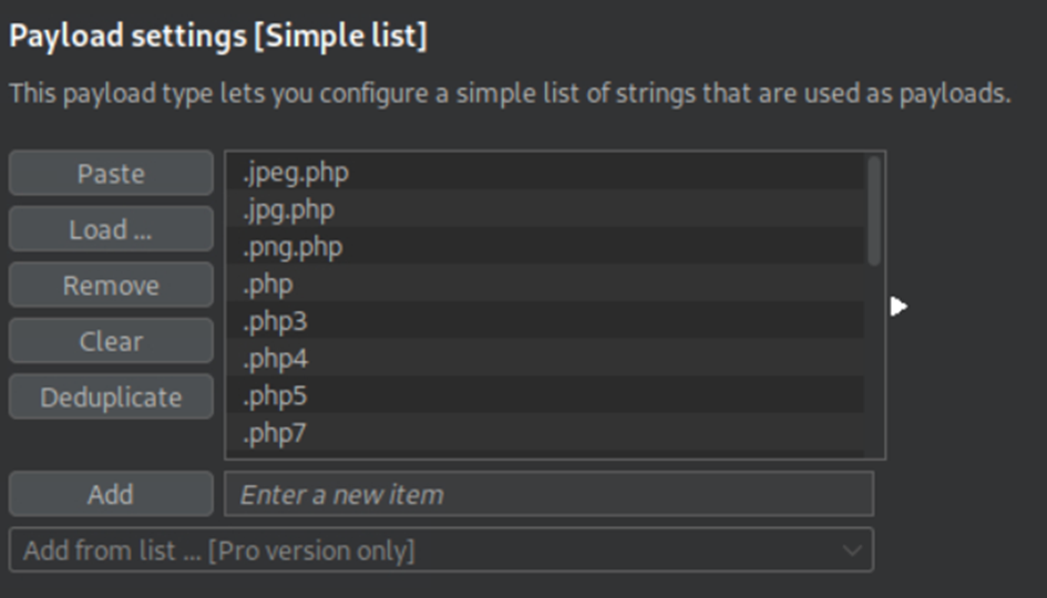 The payload fuzzing list is shown with various php extensions